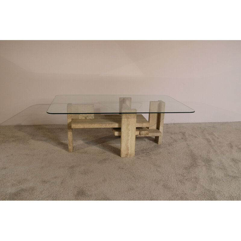 Vintage Coffee table in travertine & glass by Willy Ballez Belgium 1970s