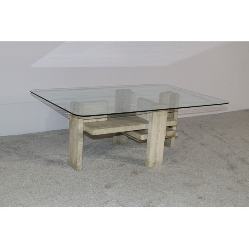 Table basse vintage en travertin et verre par Willy Ballez Belgique 1970