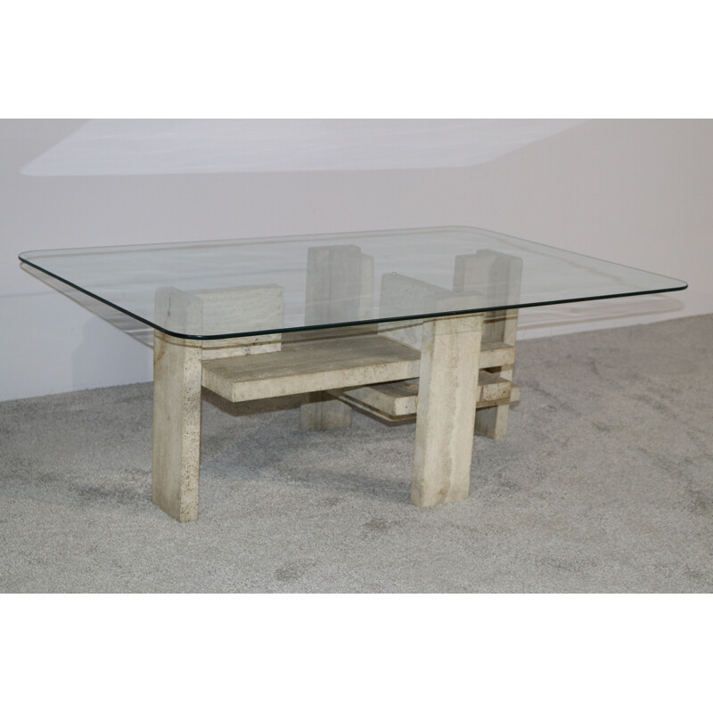 Vintage Coffee table in travertine & glass by Willy Ballez Belgium 1970s