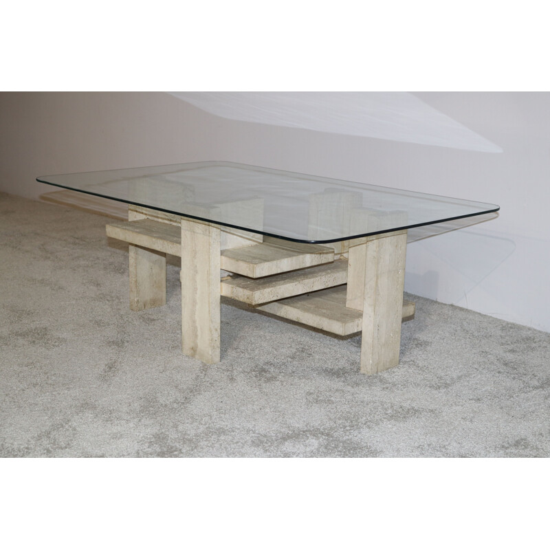 Vintage Coffee table in travertine & glass by Willy Ballez Belgium 1970s