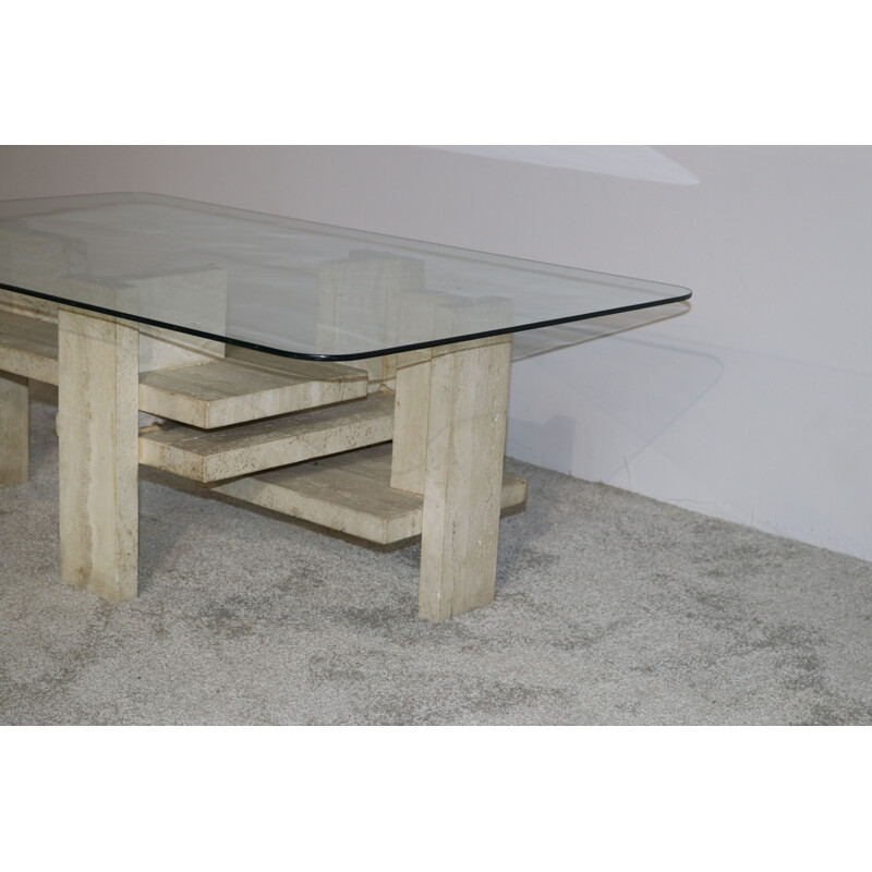 Vintage Coffee table in travertine & glass by Willy Ballez Belgium 1970s