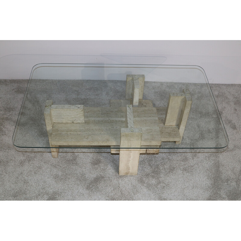 Vintage Coffee table in travertine & glass by Willy Ballez Belgium 1970s
