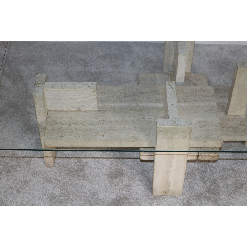 Vintage Coffee table in travertine & glass by Willy Ballez Belgium 1970s