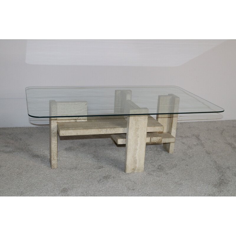 Table basse vintage en travertin et verre par Willy Ballez Belgique 1970