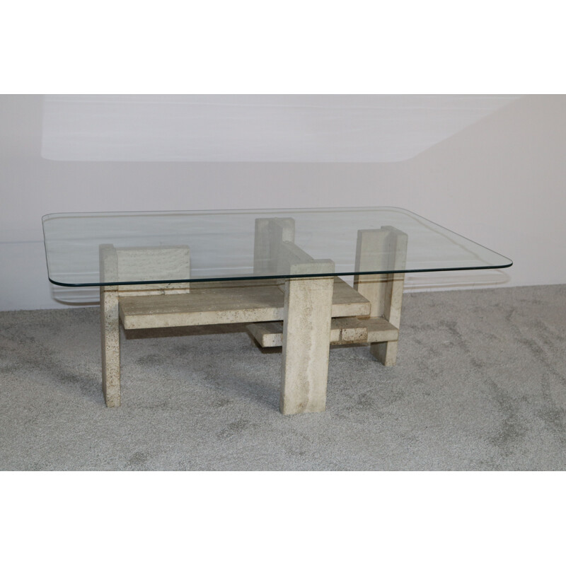 Vintage Coffee table in travertine & glass by Willy Ballez Belgium 1970s