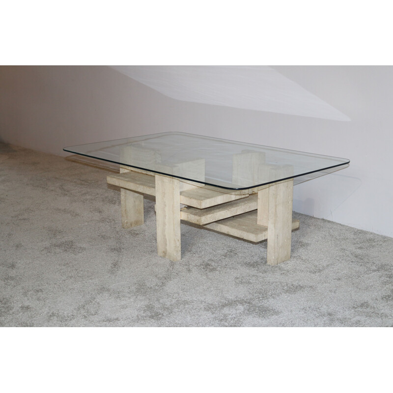 Vintage Coffee table in travertine & glass by Willy Ballez Belgium 1970s