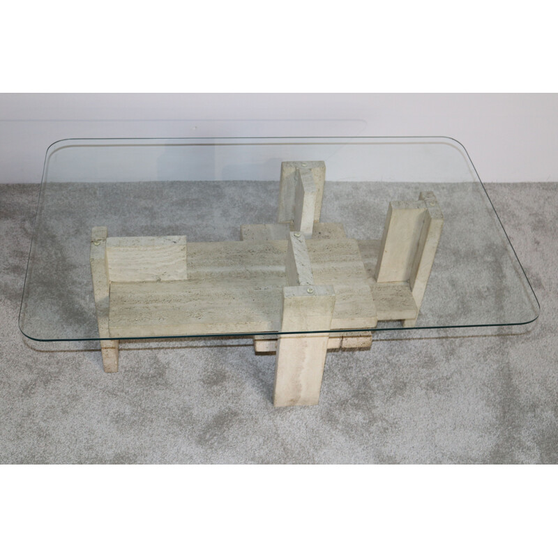 Vintage Coffee table in travertine & glass by Willy Ballez Belgium 1970s