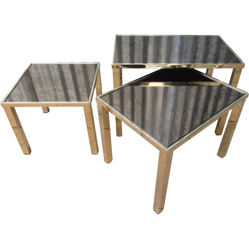 Set of 3 golden mirrored Belgochrom nesting tables - 1970s