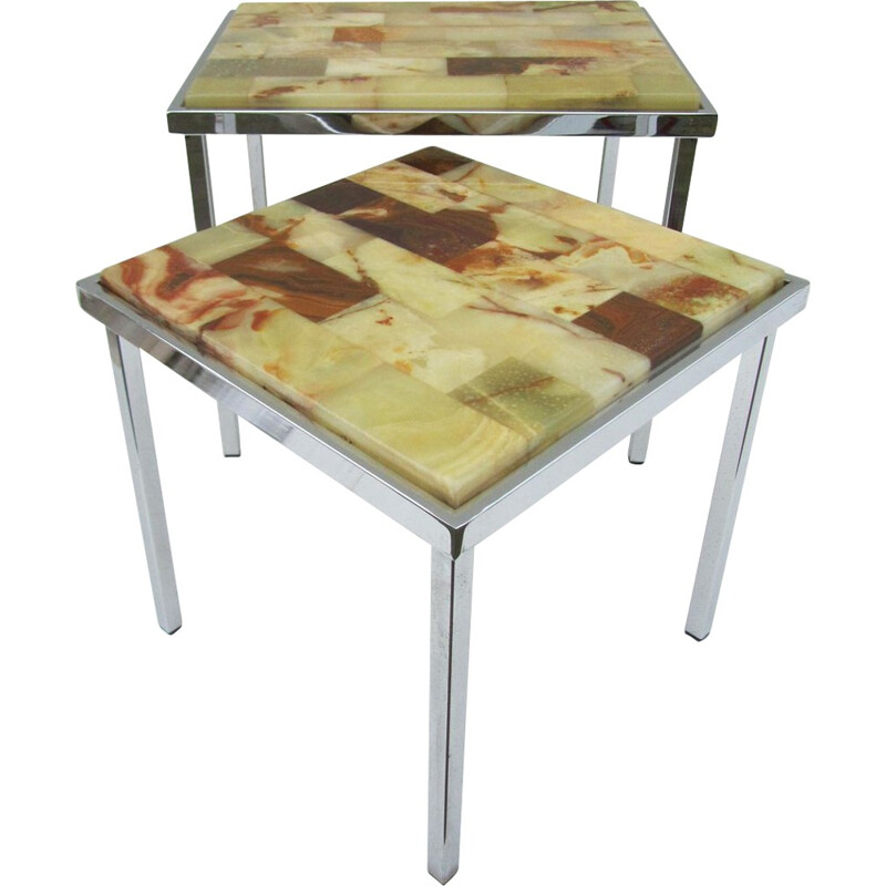 Suite de 2 tables gigognes en chrome et marbre - 1960