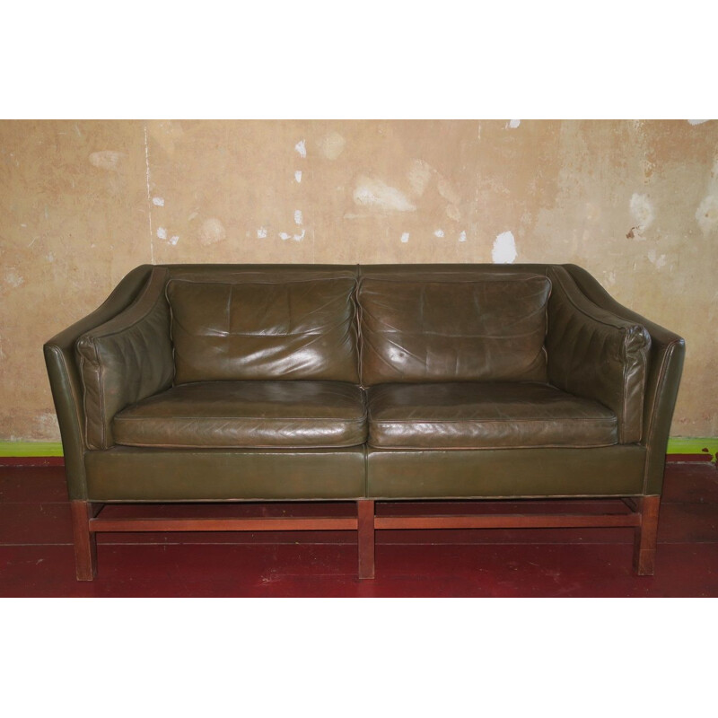 Vintage leather 2-seater sofa by Grant in dark olive green Danish 1960s