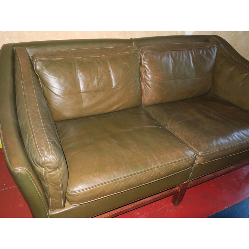 Vintage leather 2-seater sofa by Grant in dark olive green Danish 1960s