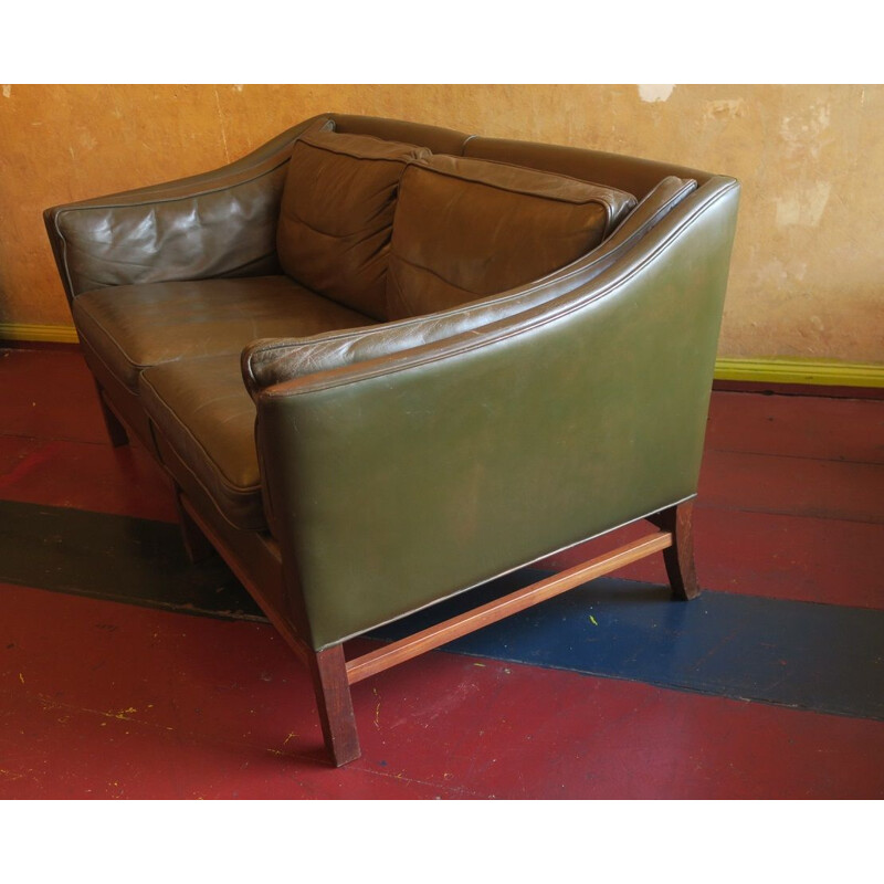 Vintage leather 2-seater sofa by Grant in dark olive green Danish 1960s