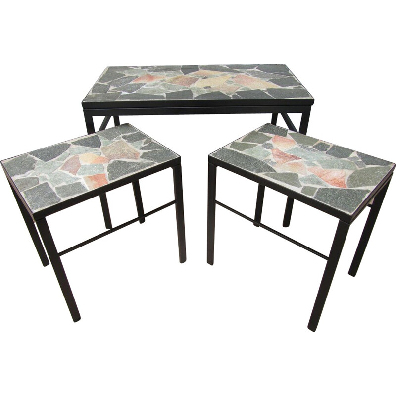 Set of 3 brutalist nesting tables in stone - 1960s