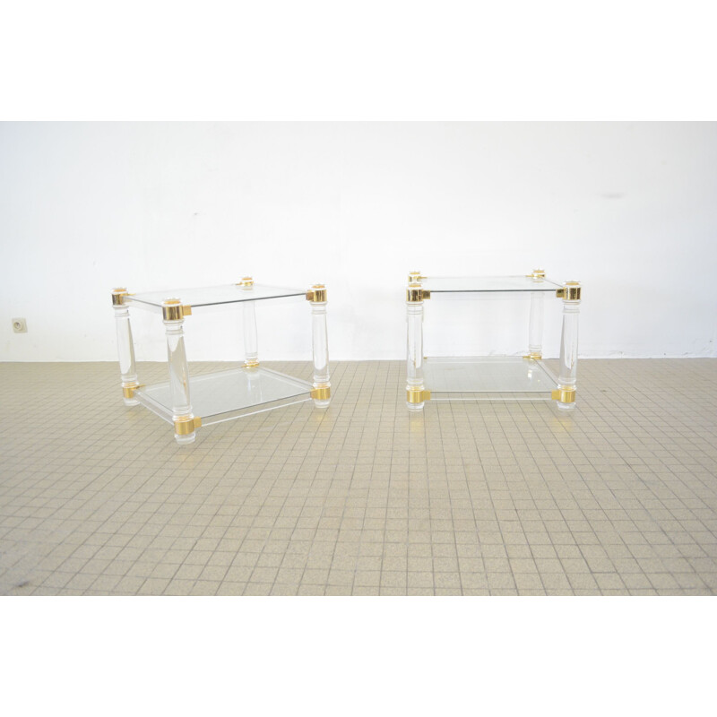 Pair of Vintage Lucite and brass side tables  hollywood regency 1980s
