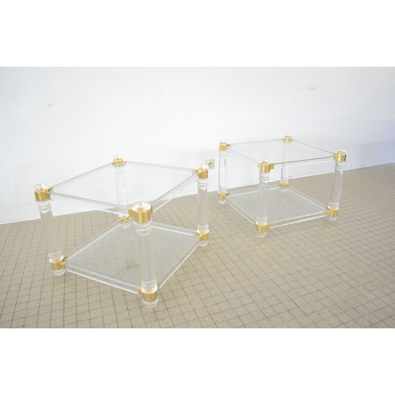 Pair of Vintage Lucite and brass side tables  hollywood regency 1980s