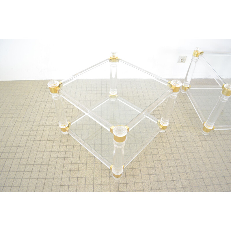 Paire de tables d'appoint Vintage Lucite et laiton hollywood regency 1980