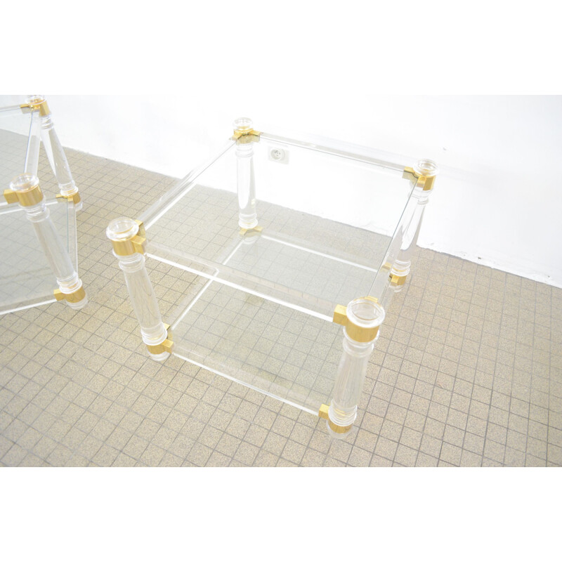 Pair of Vintage Lucite and brass side tables  hollywood regency 1980s