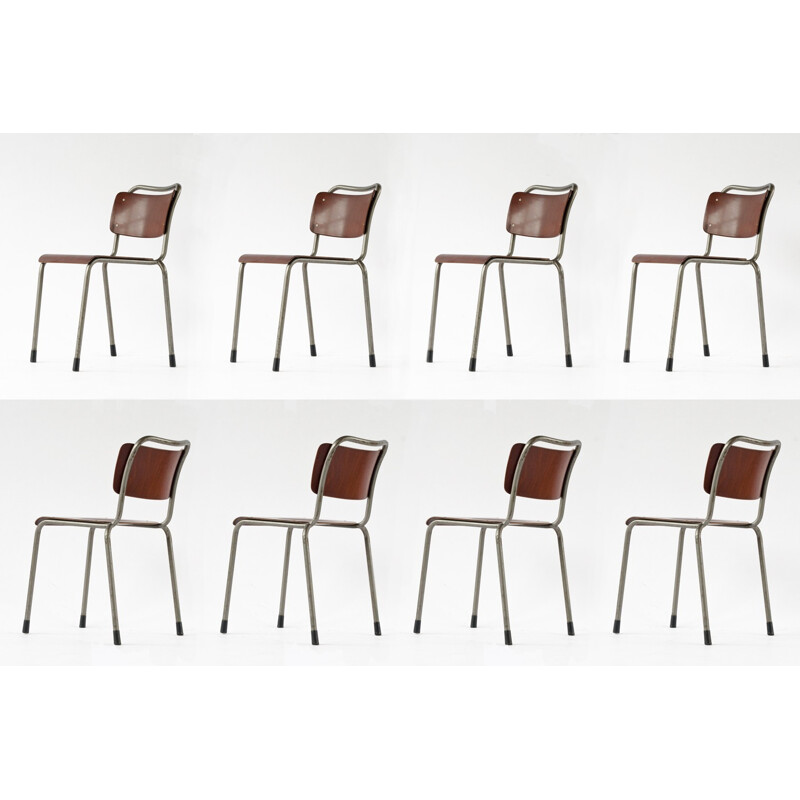 Set of 8 industrails chairs in wood and metal, W.H. GISPEN - 1952