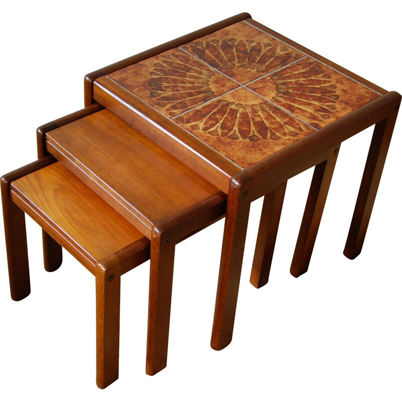 Vintage Teak nest of tables with sunburst tiled top
