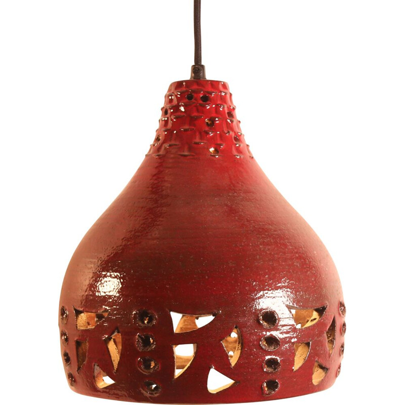 Lampada a sospensione vintage in ceramica rossa per Jelle Helleroe, Danemeark 1970