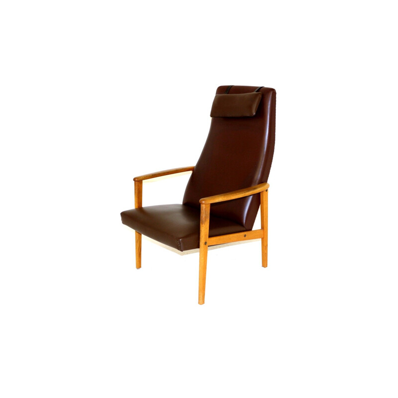 Fauteuil compas vintage noir simili-cuir, Suède, 1960