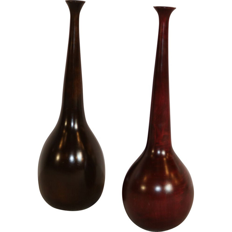 Paire de vases vintage XL en bois exotique France