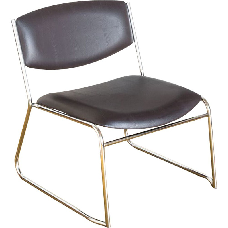 Vintage low chair in leatherette and chromed iron France 1980