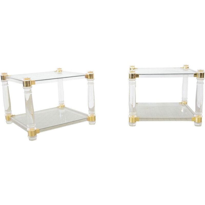 Pair of Vintage Lucite and brass side tables  hollywood regency 1980s