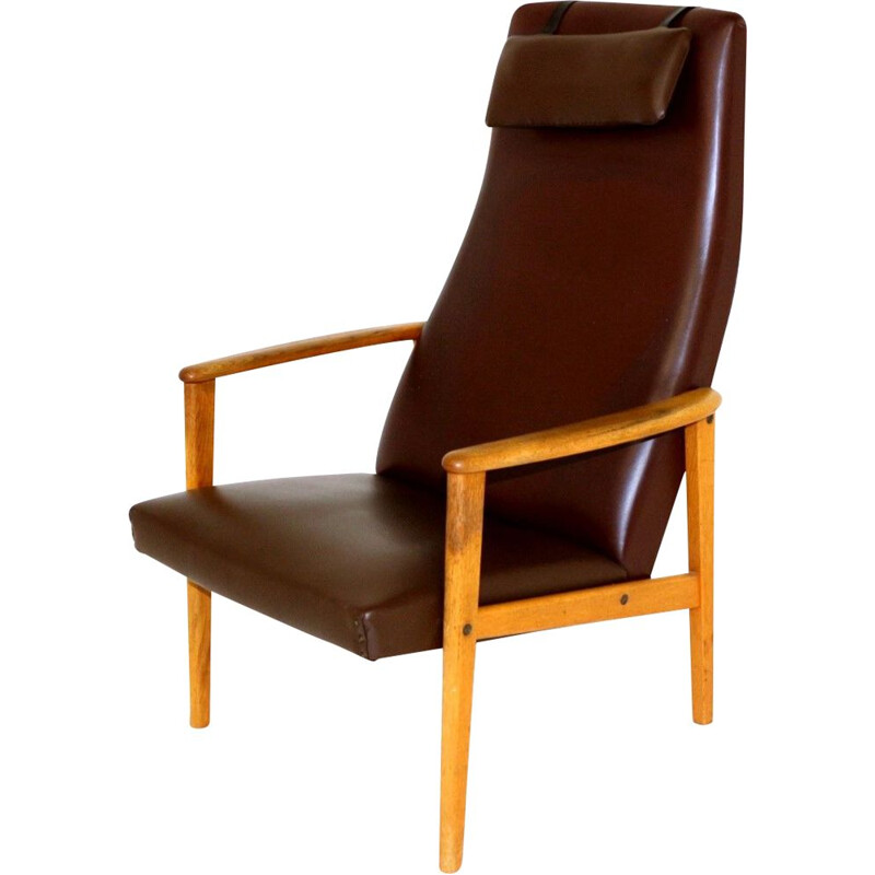 Fauteuil compas vintage noir simili-cuir, Suède, 1960