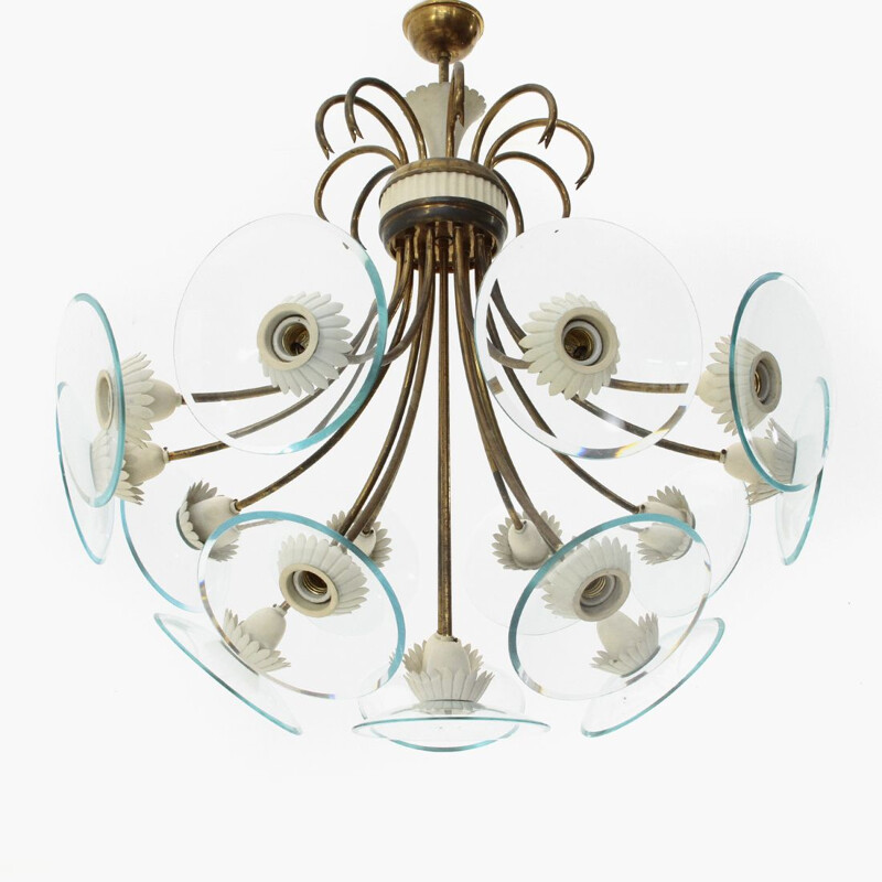 Vintage chandelier with 16 lights in brass and glass, Italy 1950
