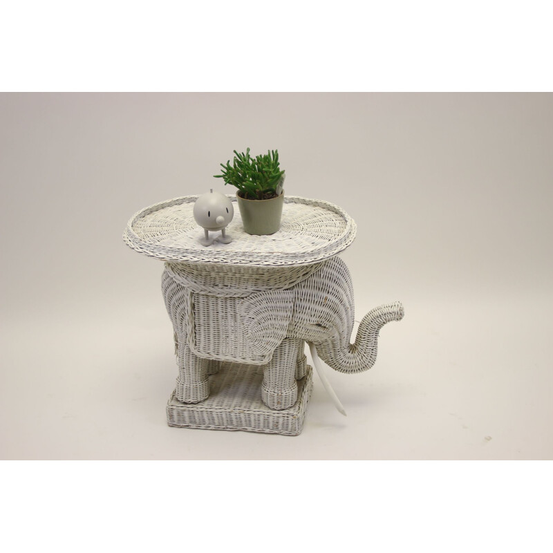 Vintage white rattan side table in the shape of an elephant 1960