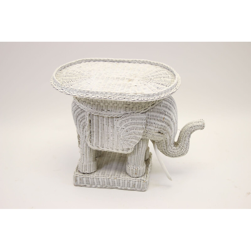 Vintage white rattan side table in the shape of an elephant 1960