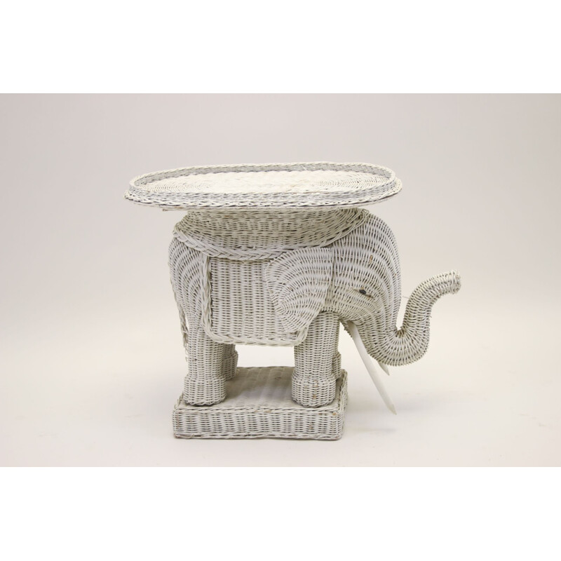 Vintage white rattan side table in the shape of an elephant 1960