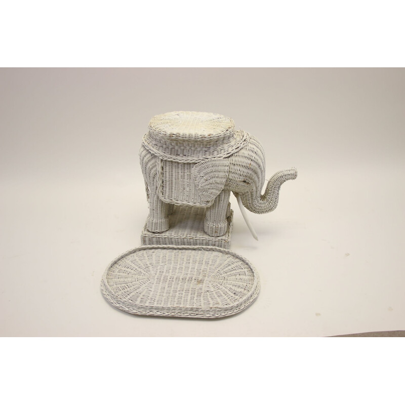 Vintage white rattan side table in the shape of an elephant 1960