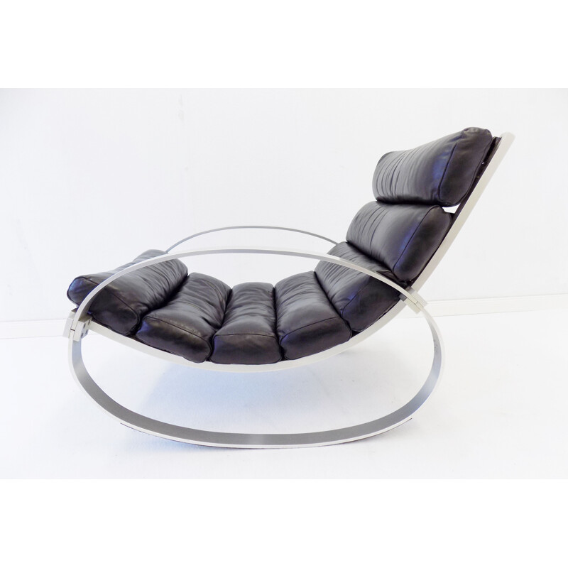 Rocking chair vintage en cuir noir Hans Kaufeld 1970