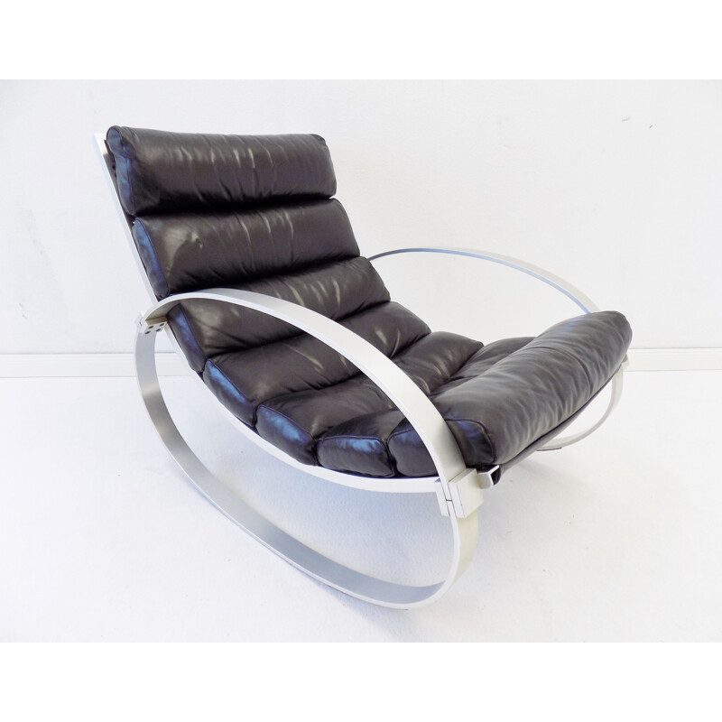 Rocking chair vintage en cuir noir Hans Kaufeld 1970