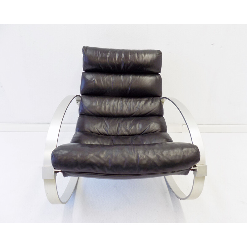 Vintage black leather rocking chair Hans Kaufeld 1970