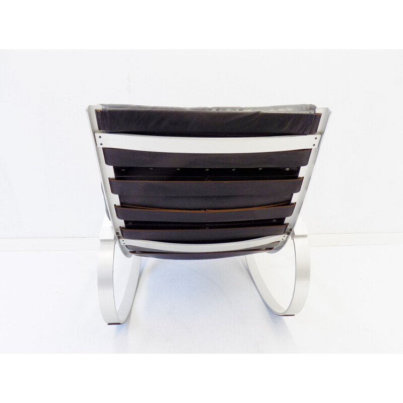 Rocking chair vintage en cuir noir Hans Kaufeld 1970