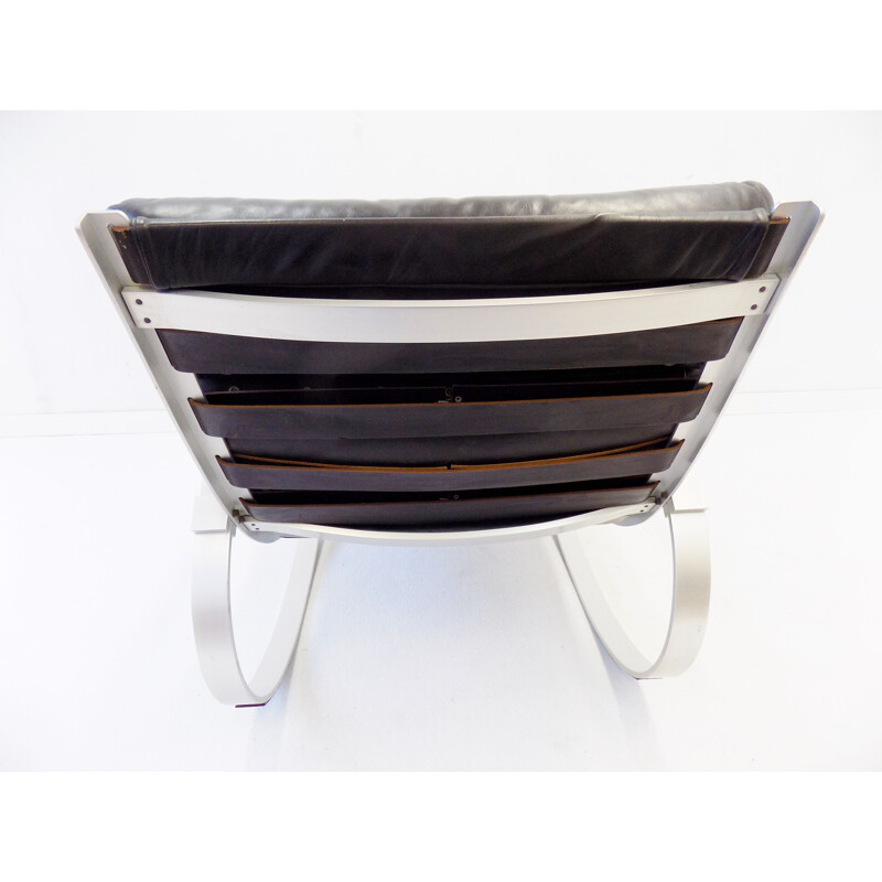 Rocking chair vintage en cuir noir Hans Kaufeld 1970