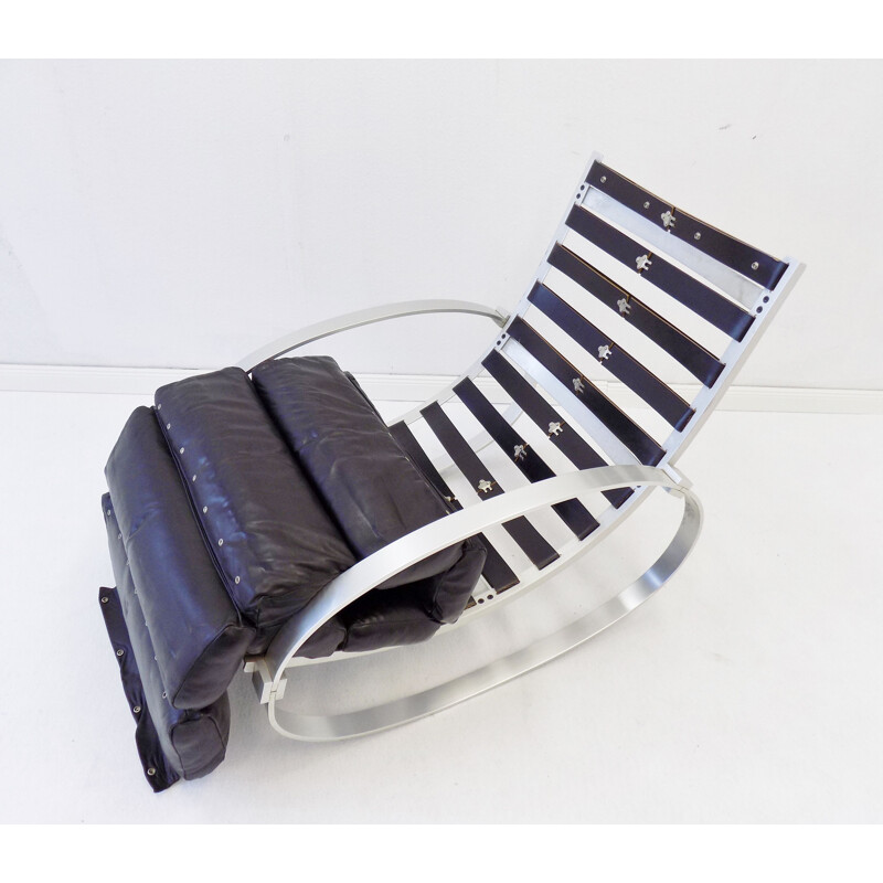 Rocking chair vintage en cuir noir Hans Kaufeld 1970