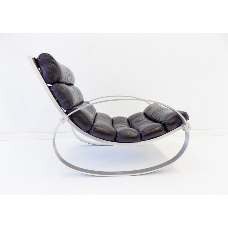 Rocking chair vintage en cuir noir Hans Kaufeld 1970