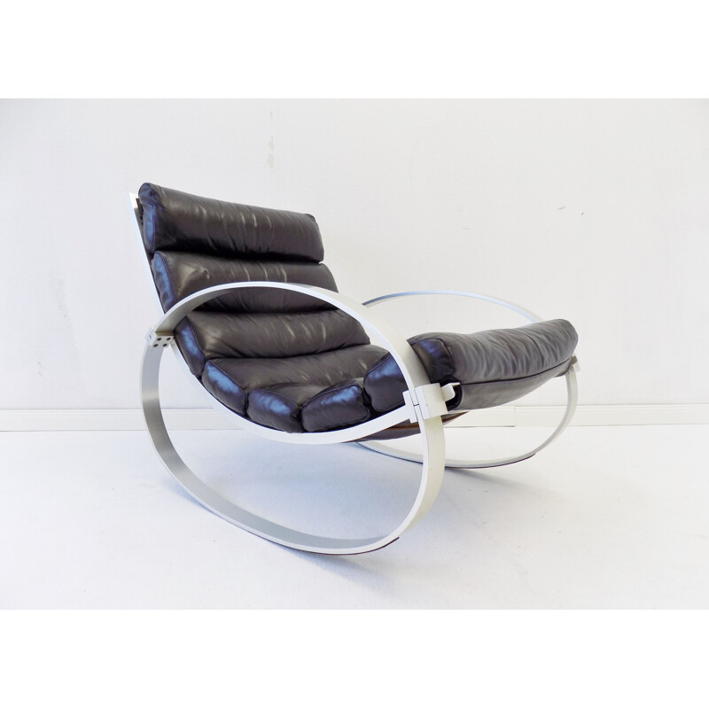 Rocking chair vintage en cuir noir Hans Kaufeld 1970