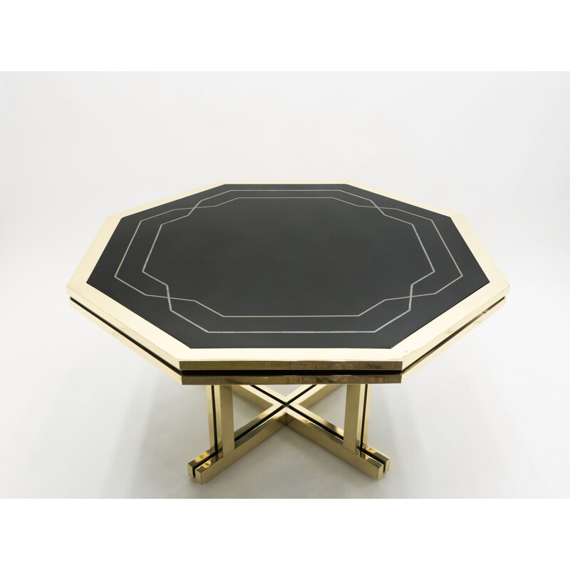 Grande table vintage laquée noire en laiton, Maison Jansen 1970