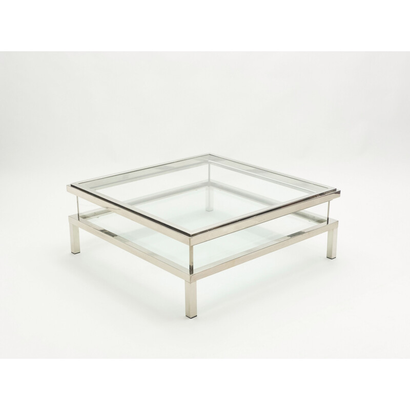 Vintage coffee table with steel sliding display case, Guy Lefevre for Maison Jansen 1970