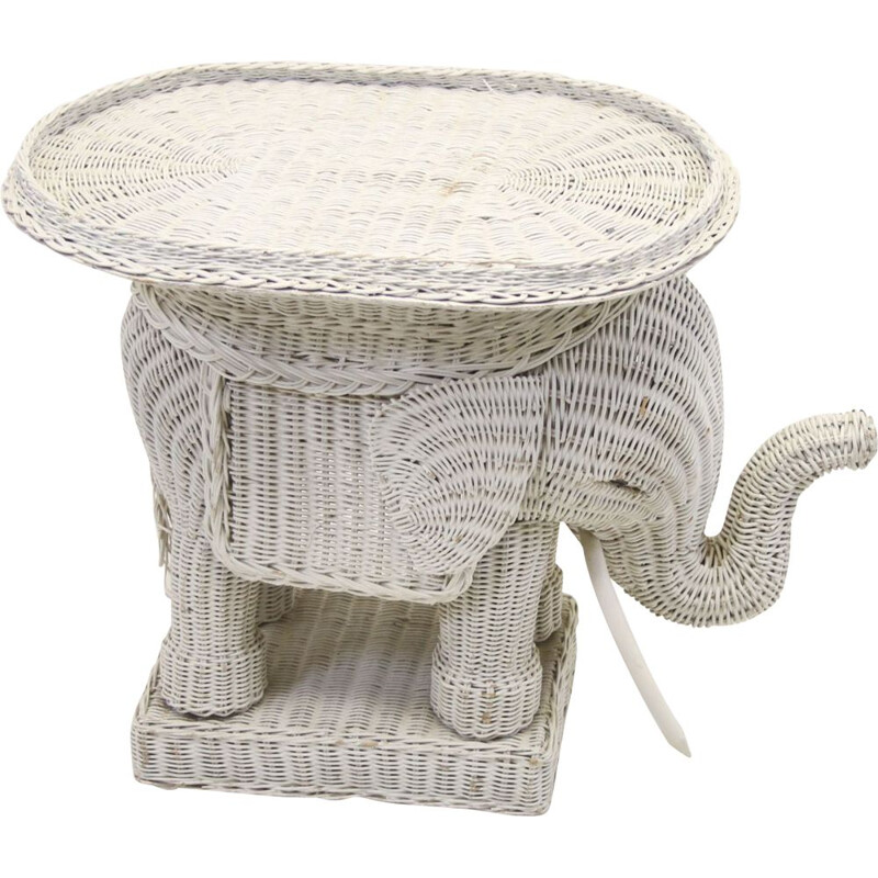 Vintage white rattan side table in the shape of an elephant 1960