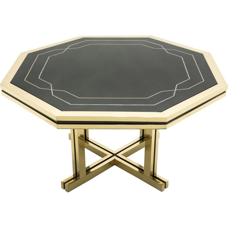 Grande table vintage laquée noire en laiton, Maison Jansen 1970