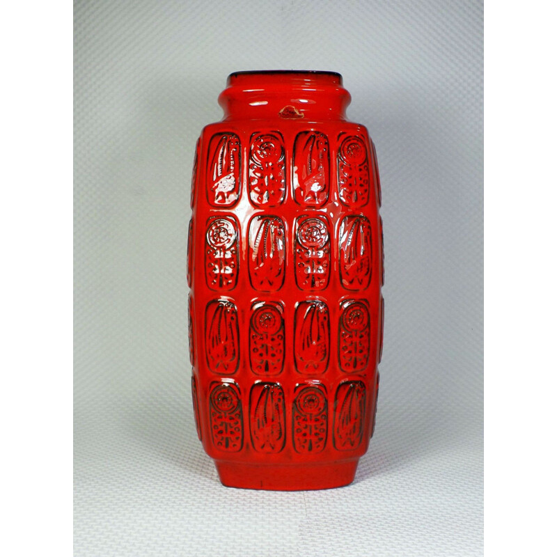 Mid-century red Bay Keramik vase with relief pattern - 1960s