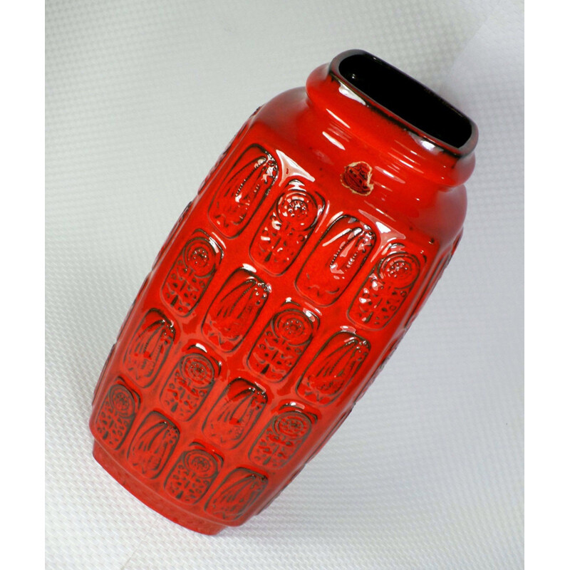 Mid-century red Bay Keramik vase with relief pattern - 1960s