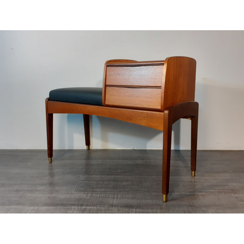 Vintage teak and black leather phone bench, 1970