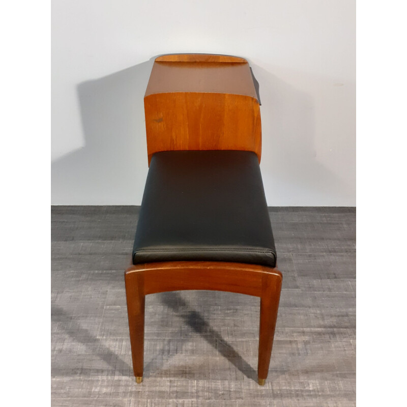 Vintage teak and black leather phone bench, 1970